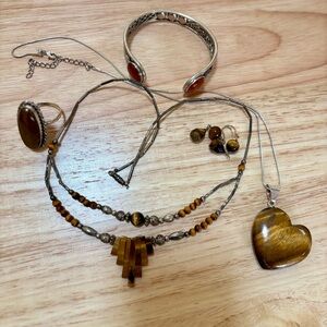 Vintage Tiger’s Eye Jewelry Lot – Avon Necklace, Bracelet, Ring & Earrings Set